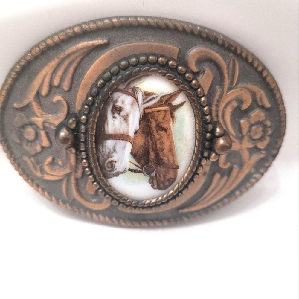 Vintage 1980"s Bronze Colored Metal Double Horse Head Belt Buckle